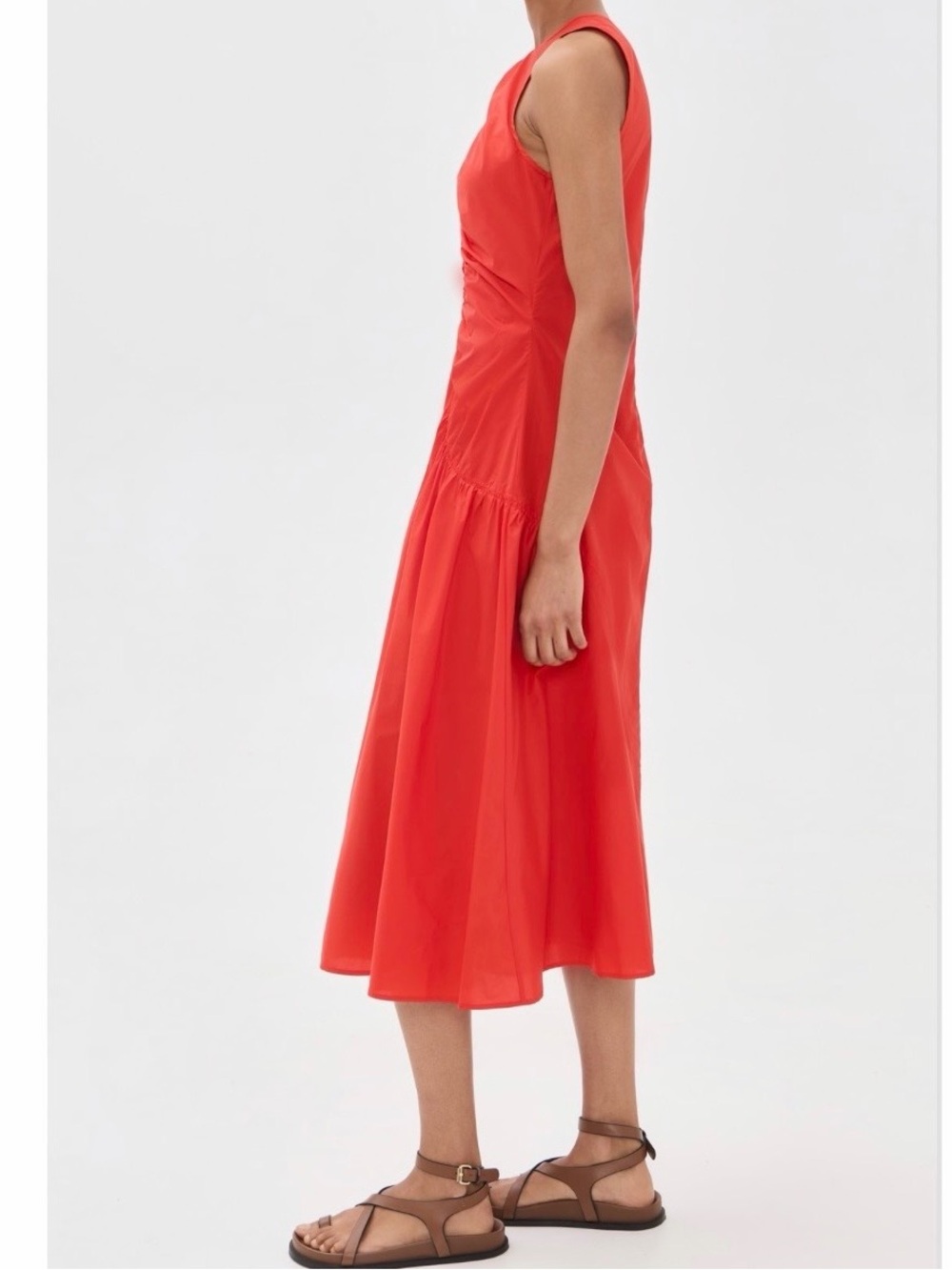 NWT Theory Asymmetric Ruched Sleeveless Midi Dress in Poppy - Picture 4 of 8